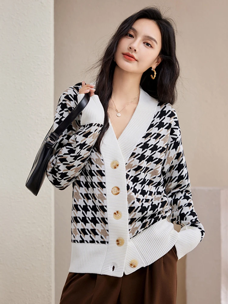 Autumn Winter Loose Knitted Cardigan Female V Neck Long Sleeve Sweater Houndstooth Coat Women Casual Versatile Tops