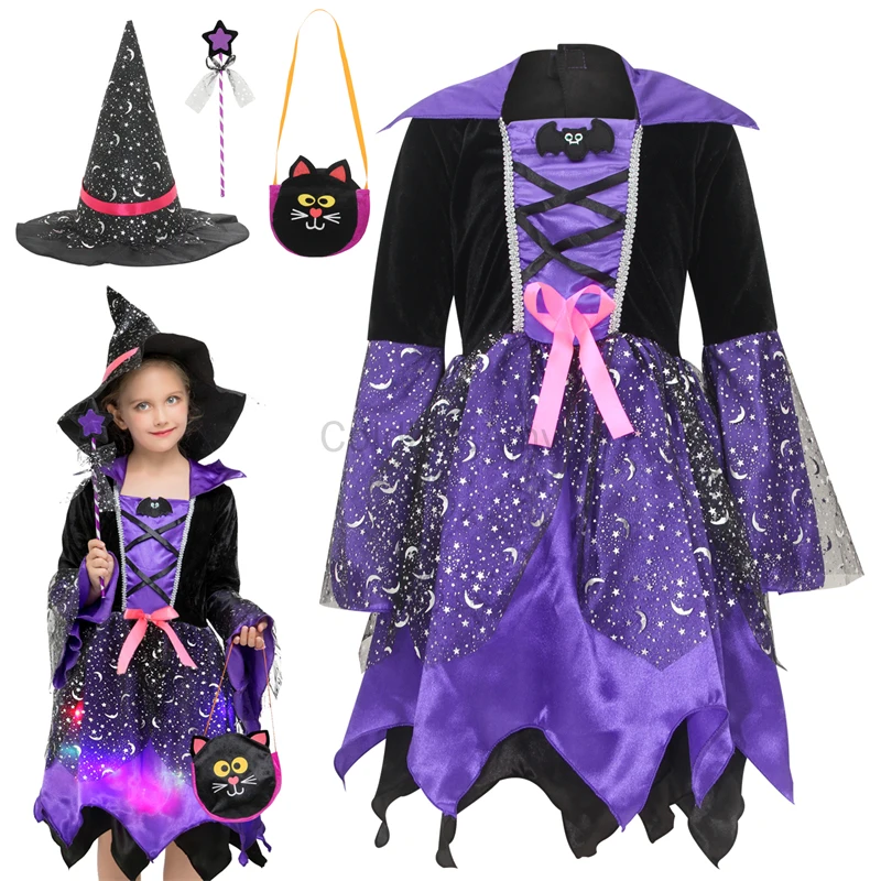 

Halloween Witch Costume Cosplay Vampire Princess Dresses Dress Up Clothes With Hat (Not Include Battery)