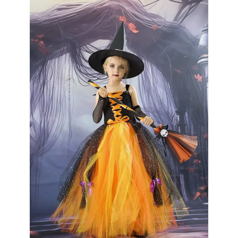 Witch Halloween Girls Tutu Dress Witch Hat Children Fancy Purim Pageant Birthday Party Hocus Pocus Costume Kids Prom Ball Gown