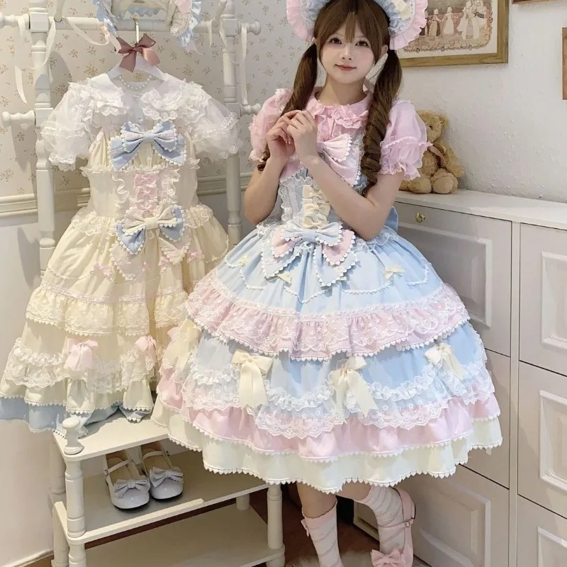 Y2K Sweet Lolita Jks Trägerkleid für Damen, einfarbig, Rüschen, Spitze, Schleife, Patchwork, Kawaii, Prinzessin, Ballkleid, knielang, elegant, für Partys – Detail 3