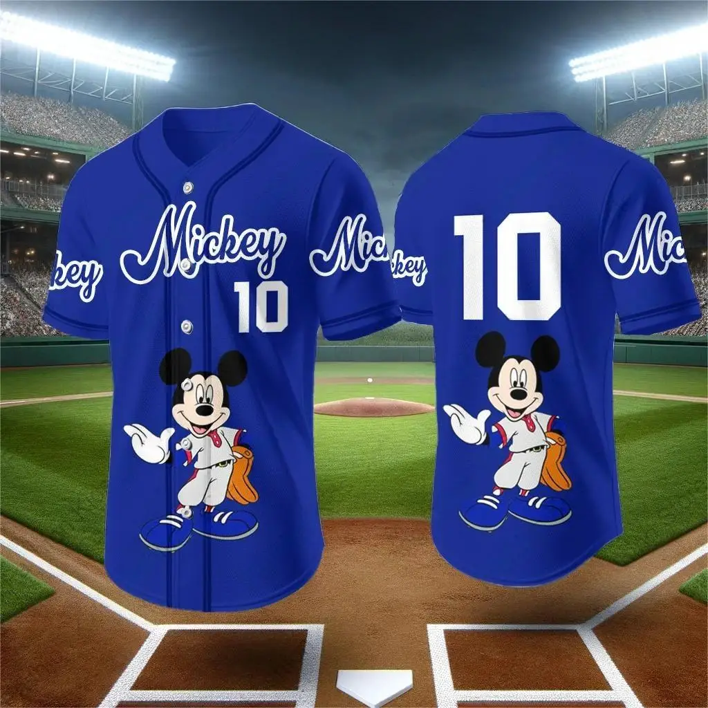 Miniso 2024 New Cute Baseball T-Shirt Mickey Mouse Print Children Adult Fashion Cartoon Button Baseball Uniform Children\'s Tops