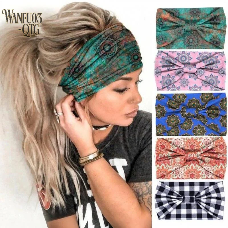 1Pcs Boho Flower Print Headbands Elastic Non-Slip Hair Bands Women Wide Twist Knotted Head Bands Vintage Yoga Head Wraps Turbans