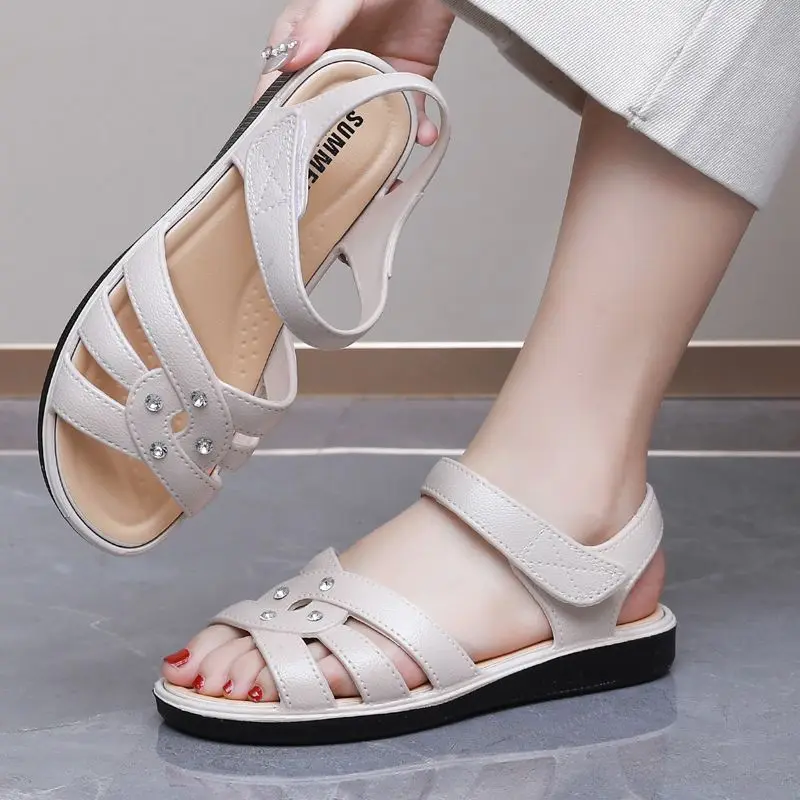 

Simple Crystal Flat Sandals Summer 2024 Mom Casual Soft Sole Wide fit Comfortable Shoes Non-slip Elderly Walking Shoes Woman