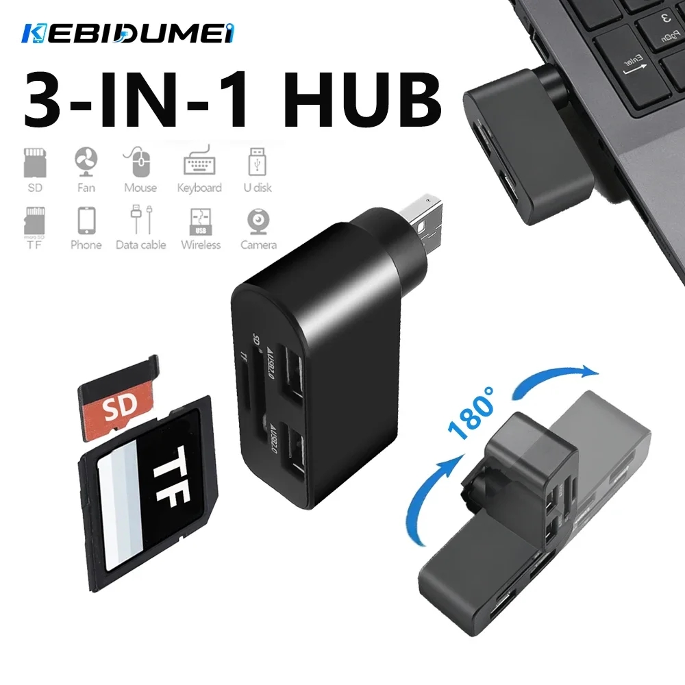 KEBIDUMEI USB 2.0 HUB Rotatable Cable Splitter High Speed SD TF Card Reader Extend Adapter Computer Accessories For Laptop PC