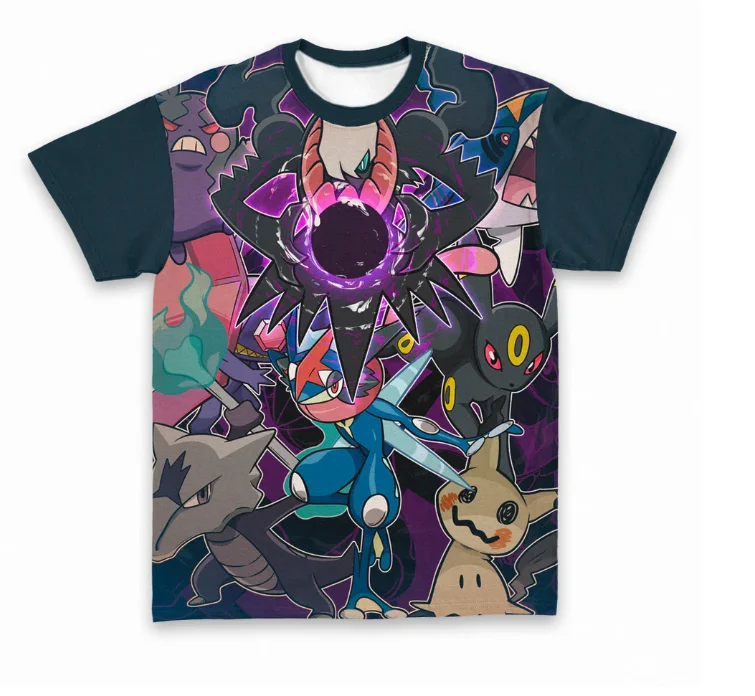 

2026 New SUMMER Dark Type Pokemon Team Collage Full Print T-Shirt Men Women Kids Greninja Umbreon Mimikyu Casual Streetwear Tops