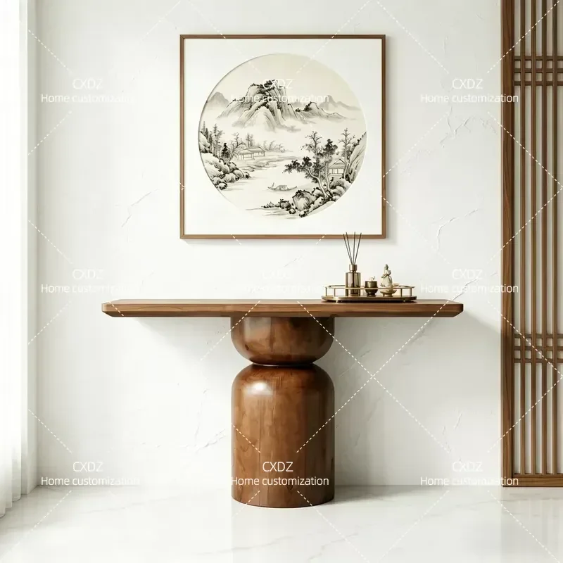 New Chinese Style Solid Wood Bar Table with Landscape Painting Oval Decorative Table for Living Room Home Furniture