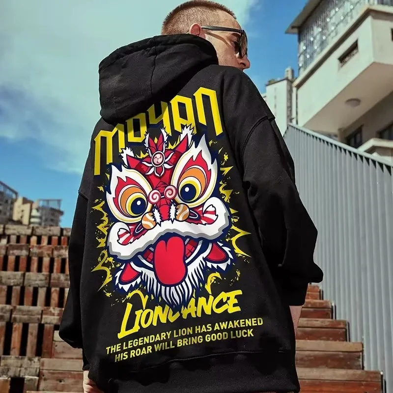 Good Luck Lion Dance Print Men Hoodies Casual Funny Fleece Loose Sweatshirts Oversized High Street Y2K Pullover Hoodie Clothes