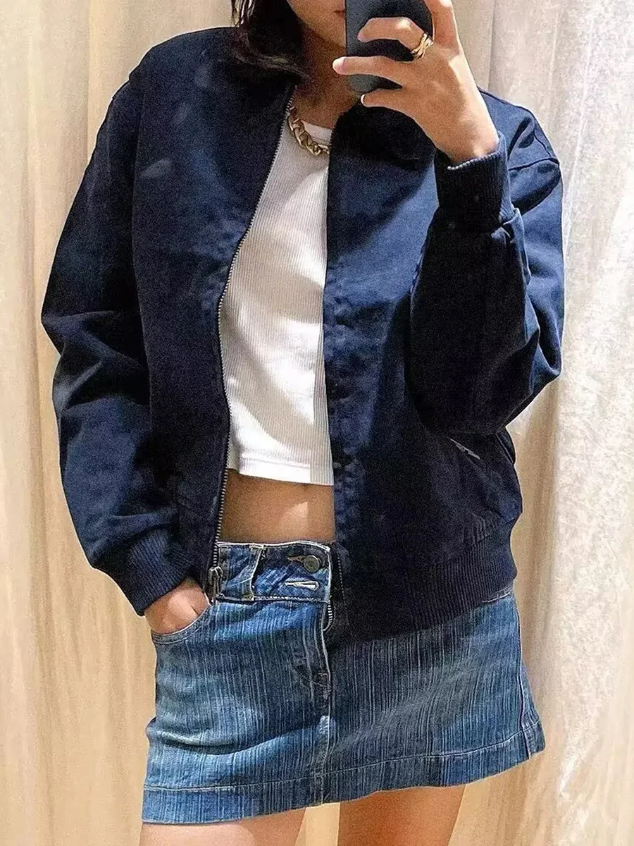 

Темно-синяя короткая куртка с карманом на молнии, женская осенняя вельветовая куртка с воротником с лацканами, верхняя одежда на молнии с длинными рукавами, американские винтажные повседневные куртки