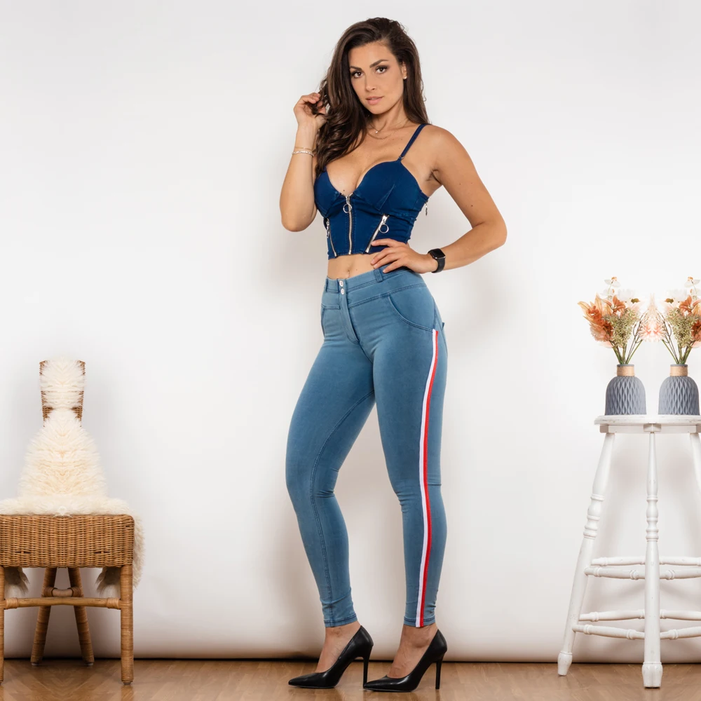 

Shascullfites Melody Shaper Set Middle Waist Dark Thread Light Blue Jeans with Stripe Jeans Set Sexy Denim Pants 2 Pieces Set