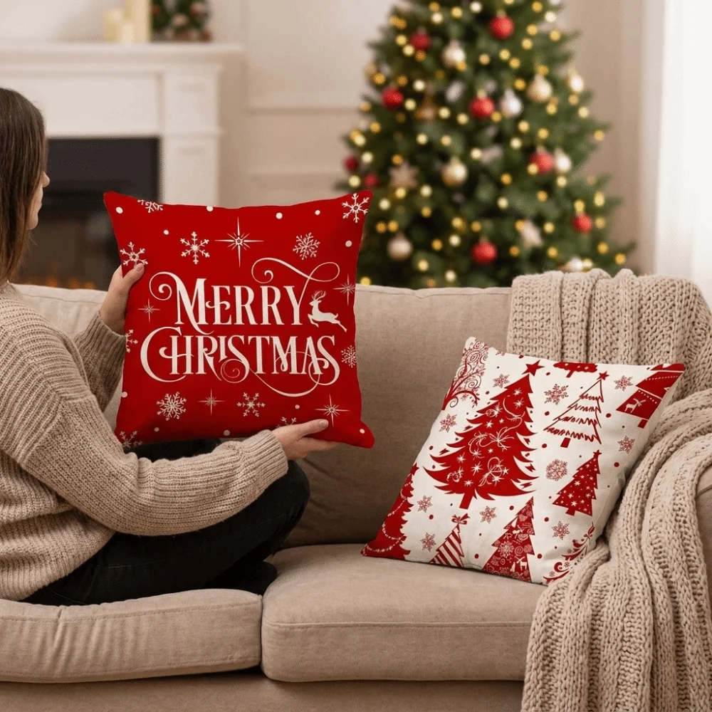Square Christmas Pillow Cover Comfortable Snowflake/Elk Xmas Cushion Cover Without Pillow Core Soft Christmas Tree Cushion Cover
