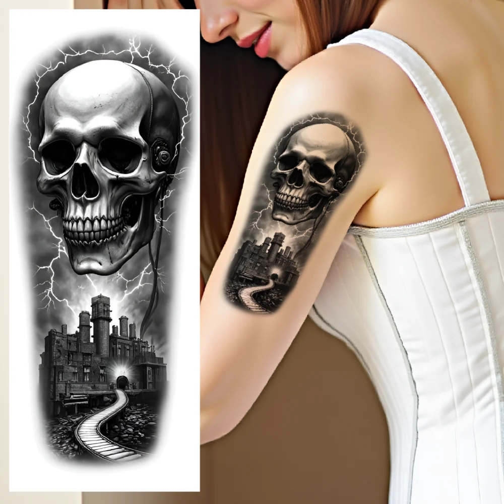

3pcs Temporary Tattoo Waterproof Long-lasting Body Stickers Skull With Cityscape Skull With Gears Skull With Flowers For Men