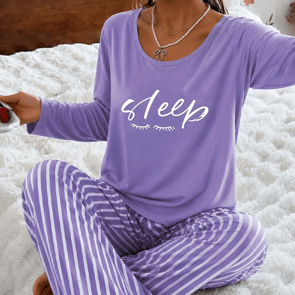 Women Pajamas Set Long Sleeve Sleep Letter Print Top Striped Pants 2 Piece Loungewear Casual Homewear Ladies Sleepwear Pijama 3