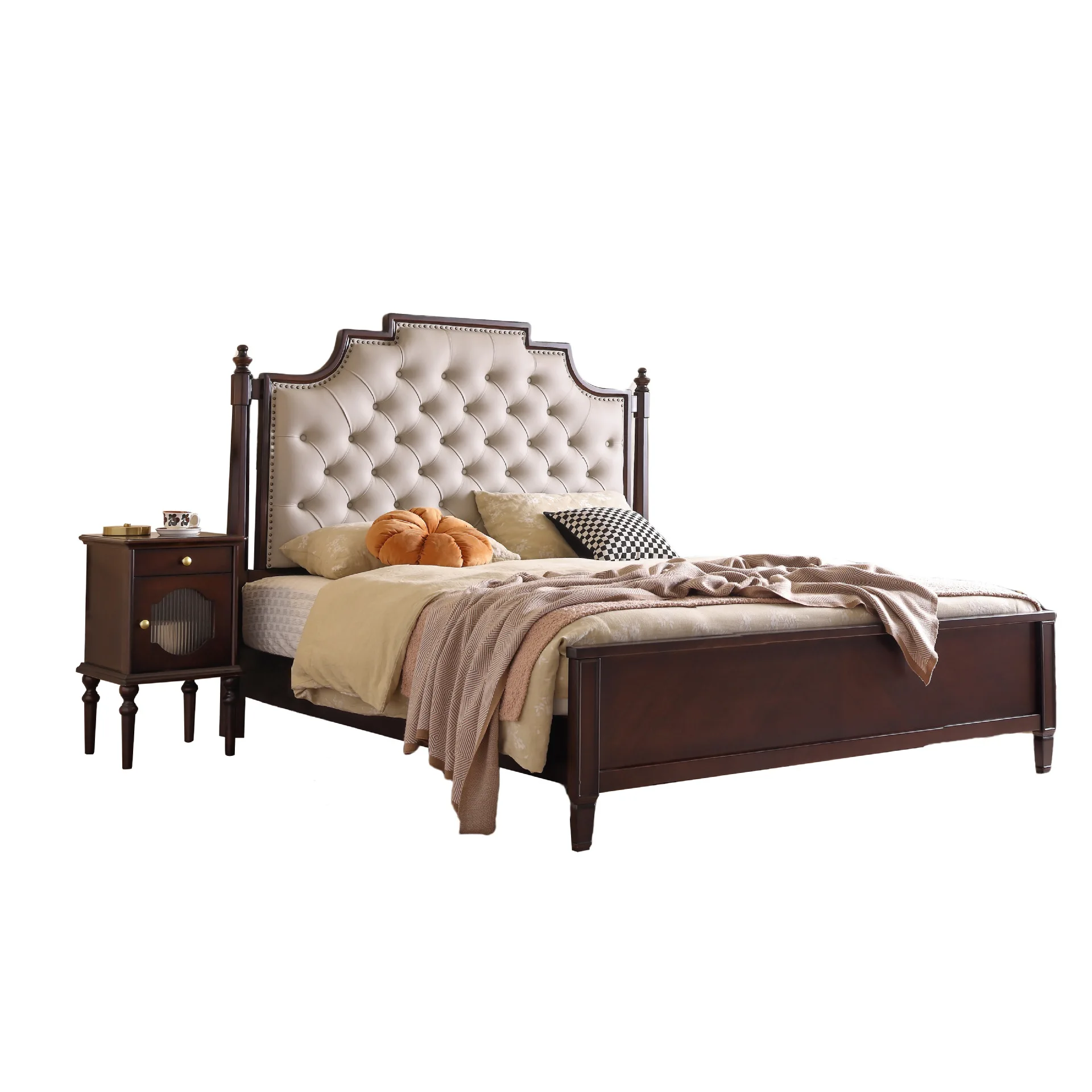 

Retro solid wood French 1.5m double bed modern simple 1.8m master bedroom leather soft bag bed