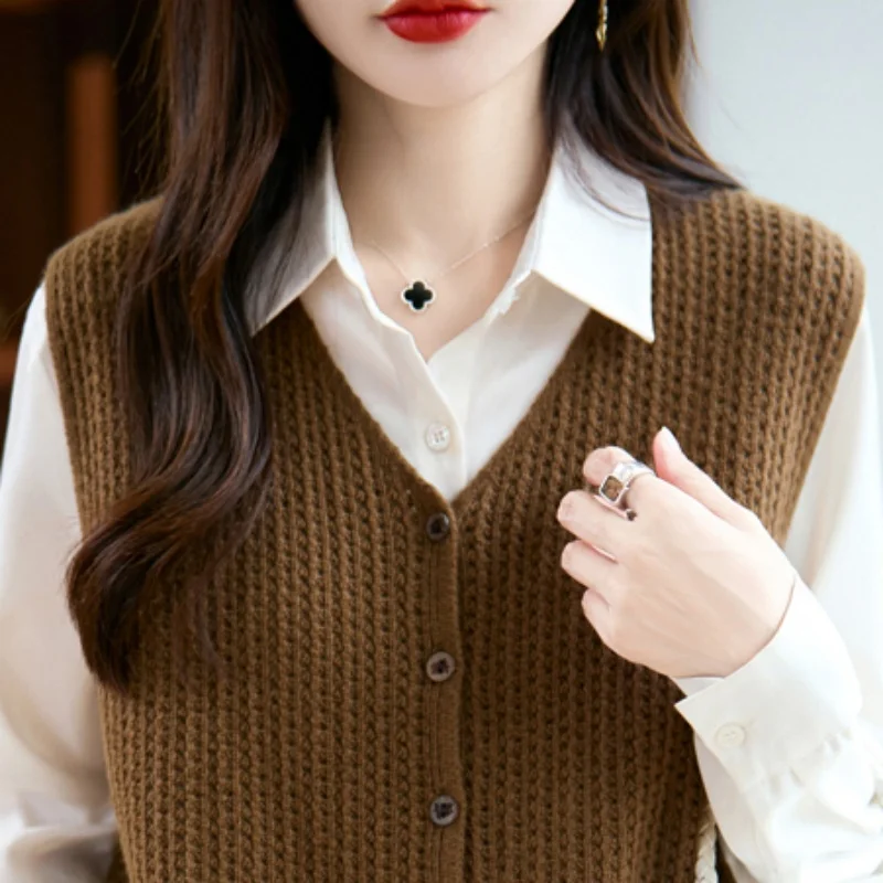 

2025 Autumn Winter Women's Trends Vest 100% Merino Wool Sweater Basic Knitwear Grace Casual Cardigan Waistcoat Classic Versatile