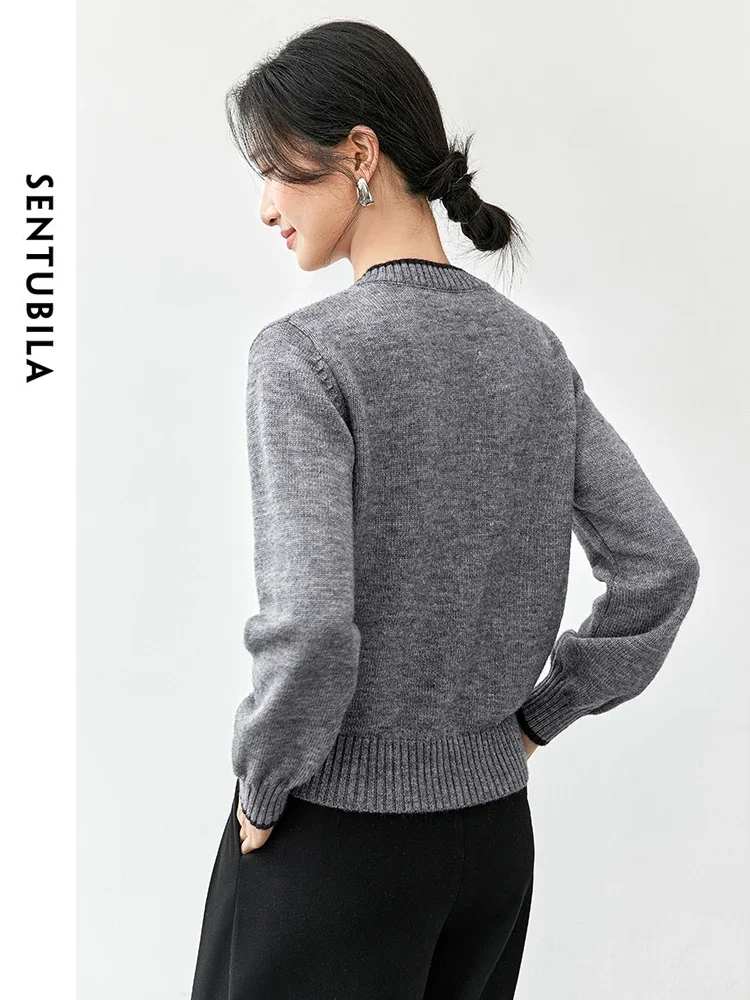 SENTUBILA Patchwork Wool Cardigan Women 2024 Autumn Round Neck Bull Horn Buckle Long Sleeve Short Top Womans Clothing W43E56366