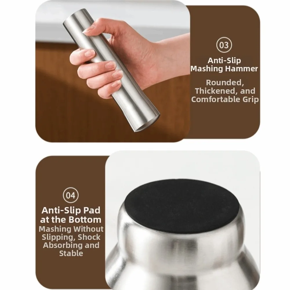 Heavy‑Duty Mortar Pestle Set 304 Stainless Steel Garlic Masher Non‑Slip Base Kitchen Tool