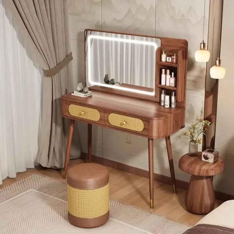 

Deco Rattan Slim Vanity Desk Vintage Shelves Luxury Wood Compact Adult Vanity Mirror Tall Storage Coiffeuse De Chambre Furniture
