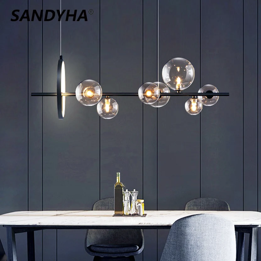 SANDYHA Industrial Style Glass Ball Chandelier LED Bubble Dining Room Pendant Lights Over Kitchen Island Bar Table Hanging Lamp