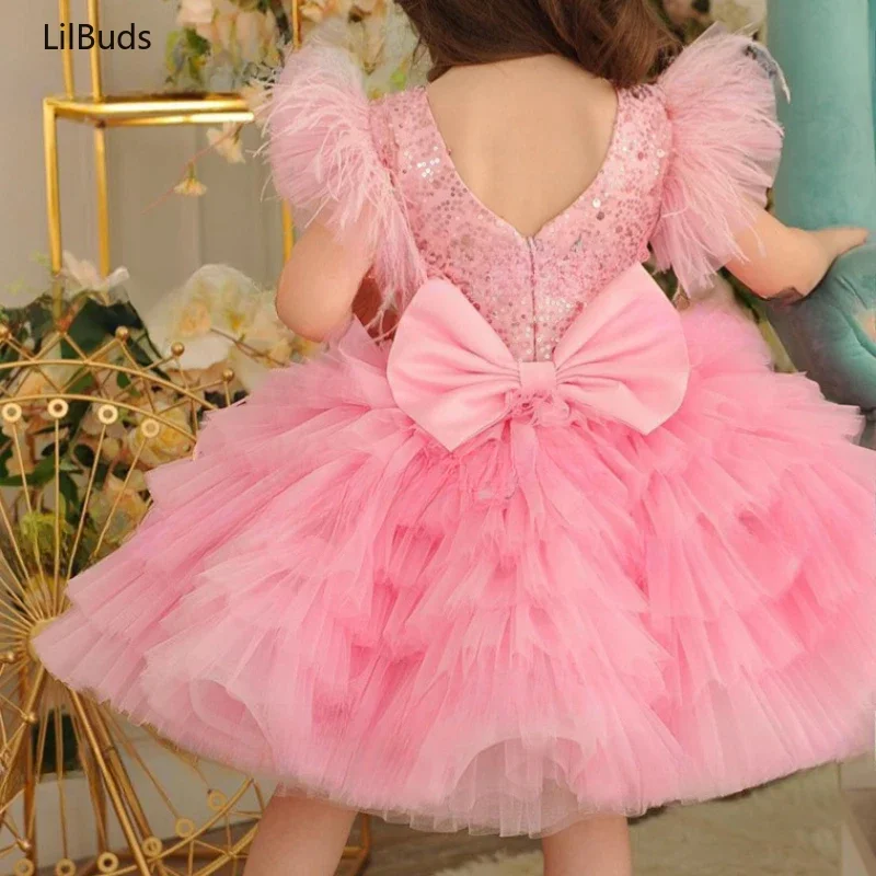 2024 Children's Cake Dress Costume Autumn New Kids Girl's Outfit Sequin Poncho Yarn Cute Host Performance Elegant Party Clothes