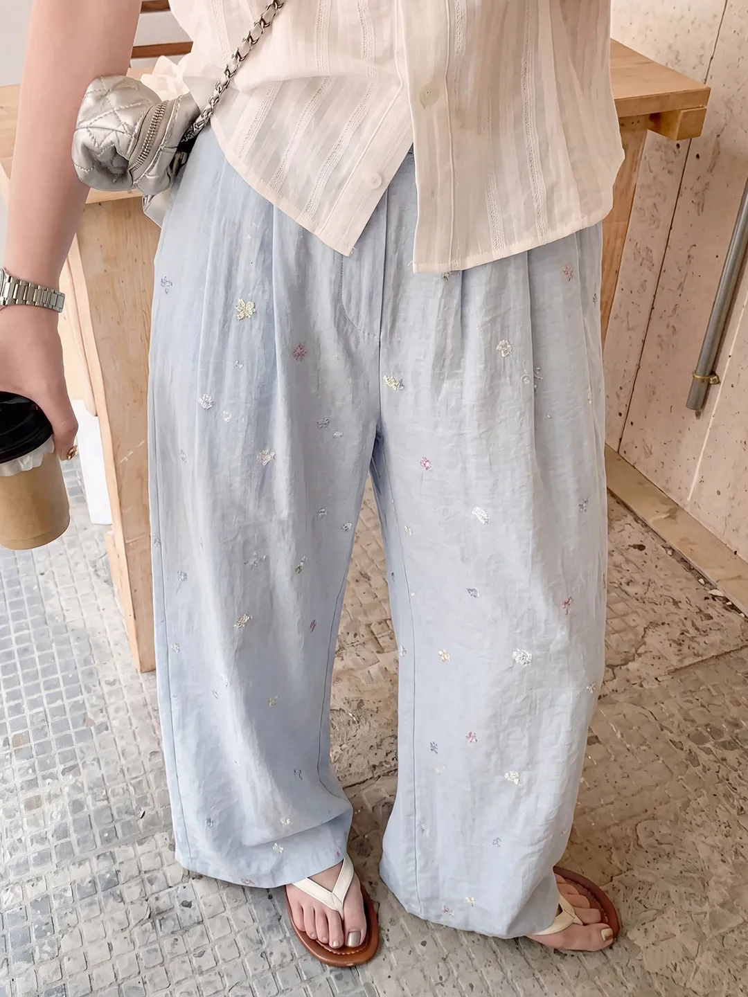 

Dopamine Blue Flower Embroidery Linen Yamamoto Pants Women Summer Thin Quick Dry Mosquito Proof Straight Cotton Linen Wide Pants