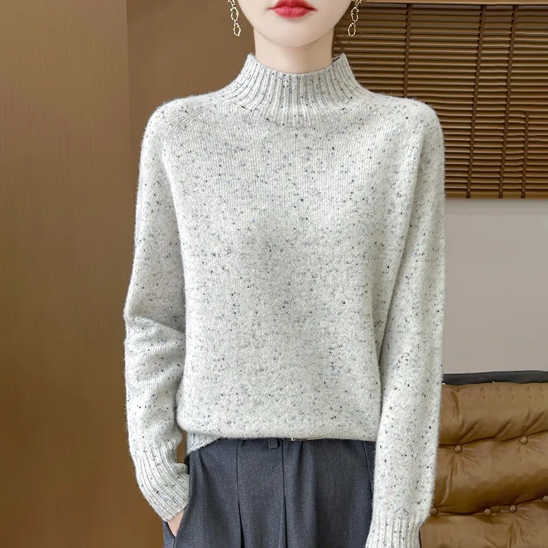 Women's Half Height Neck 100% Pure Wool Sweater Women's Fall/Winter Dot Yarn Soft Pullover Knitted Thick Warm Outdoor Casual Top