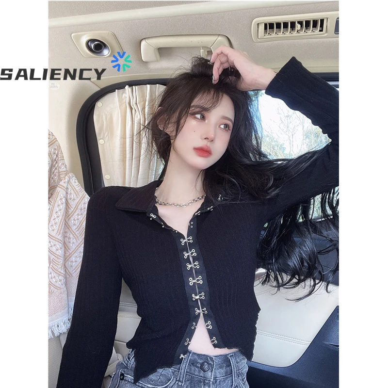 Korean Style Lapel Black T-shirt Women's Spring Long-sleeved Irregular Cardigan T-Shirt Slim Open Front Button Up Cropped Top