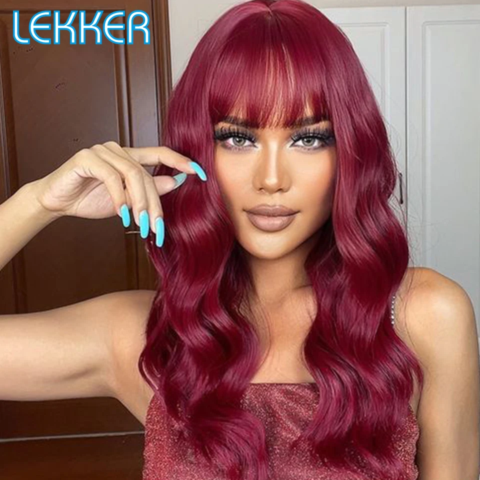 

Lekker Burg Red Long Wavy 100% Human Hair Wigs With Bangs For Women Brazilian Remy Hair Wear go Body Wave Colored Summer Wigs
