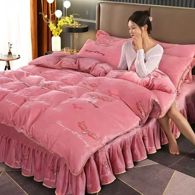 4pcs Set Winter Warm Thicken Short Plush Bedding Set Printing Flannel Duvet Cover Flat Sheet Pillowcase King Queen Bedding Set