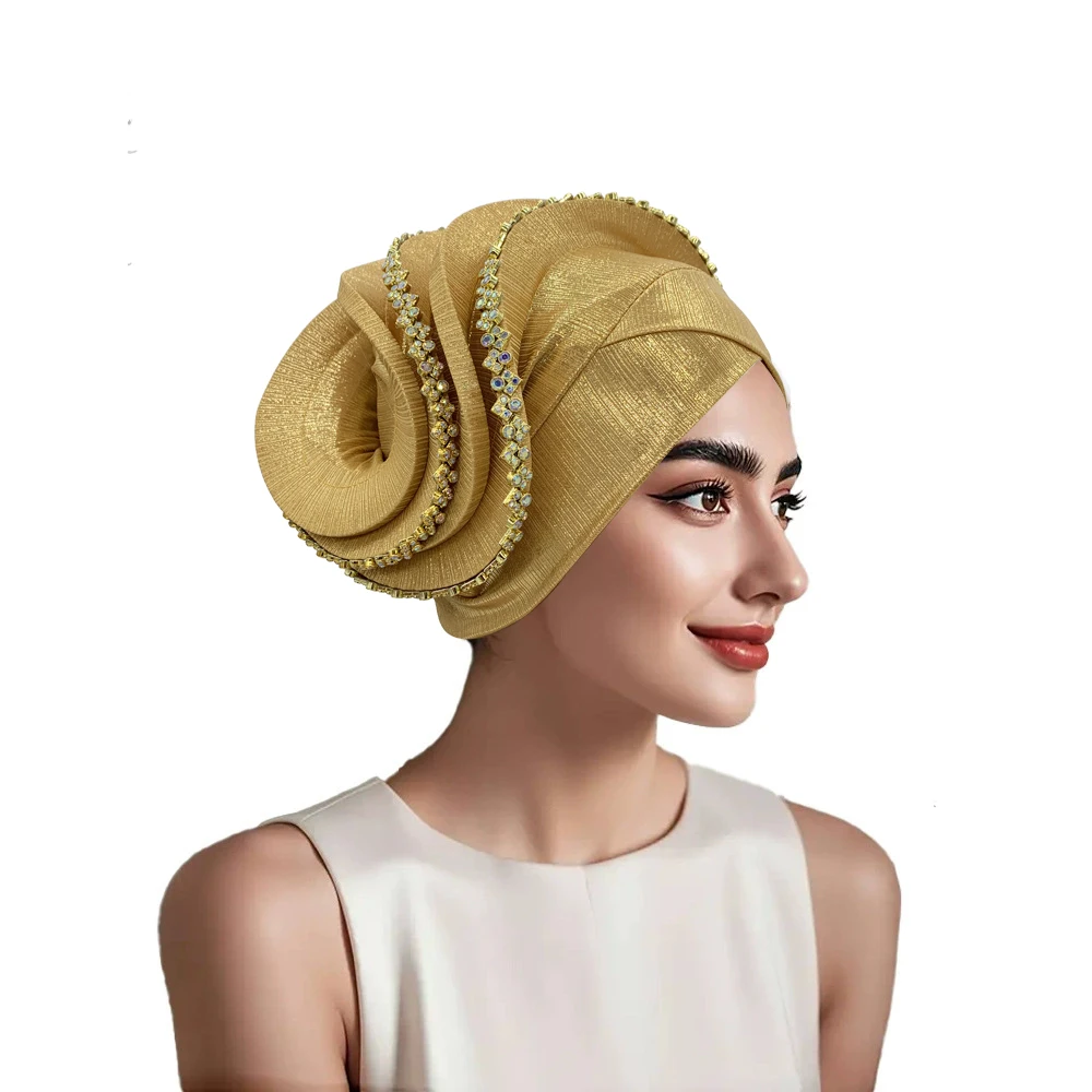 Gorro Turbante Espiral con Adornos Dorados para Mujer, Pañuelo para la Cabeza Estilo Africano, Ideal para Bodas y Fiestas, Listo para Usar, Auto Gele