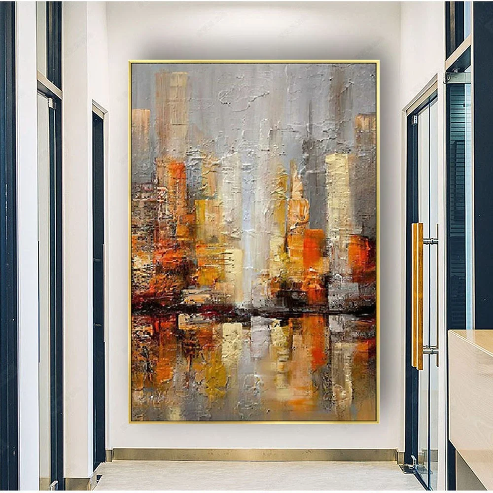 Modern Gold Reddish Brown Abstract Oil Painting On Canvas Handmade Cityscape Wall Art Picture For Living Room Home Decor Poster