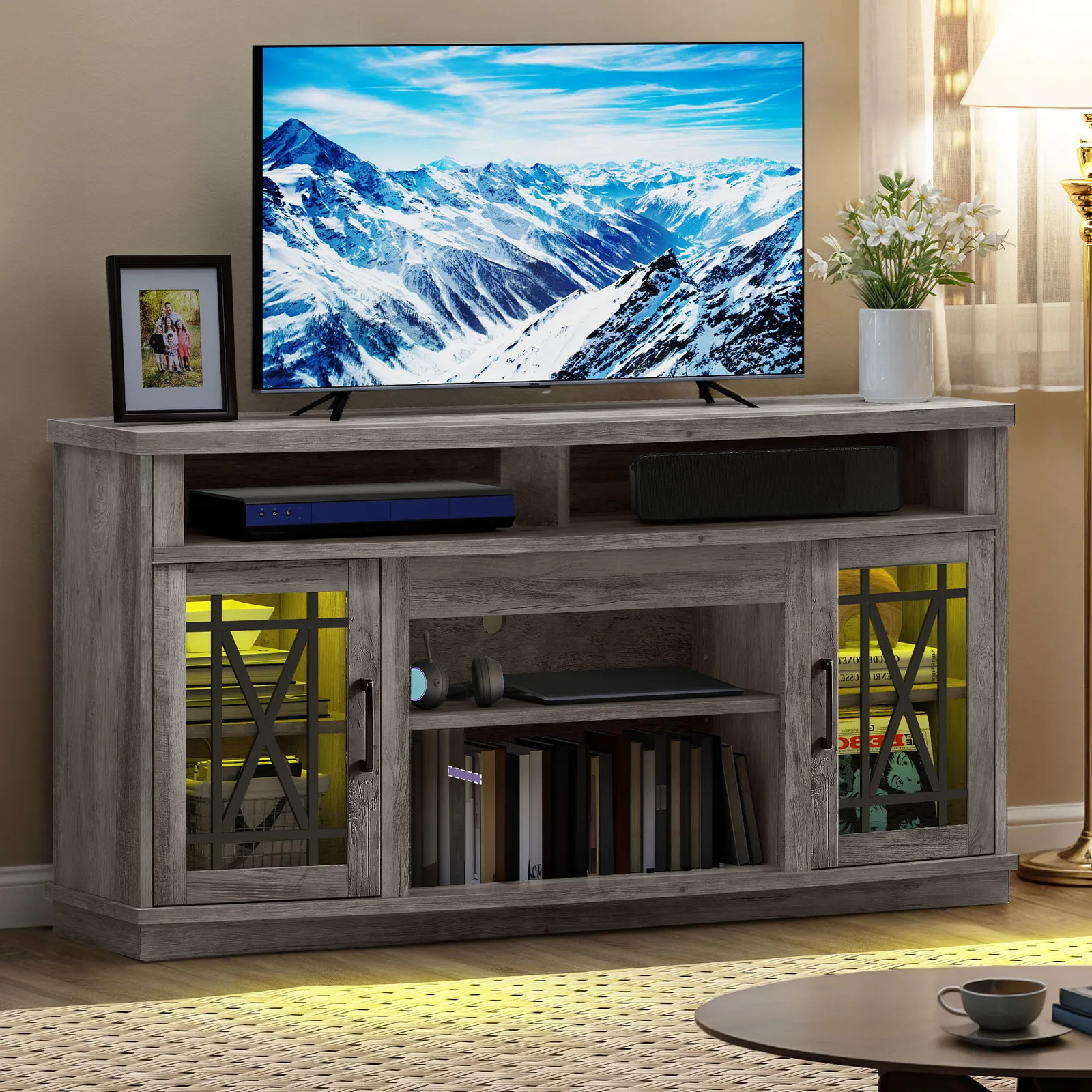 

LED TV Stand for 65" w/ Storage Glass Doors Media Console TV Cabinet Living Room