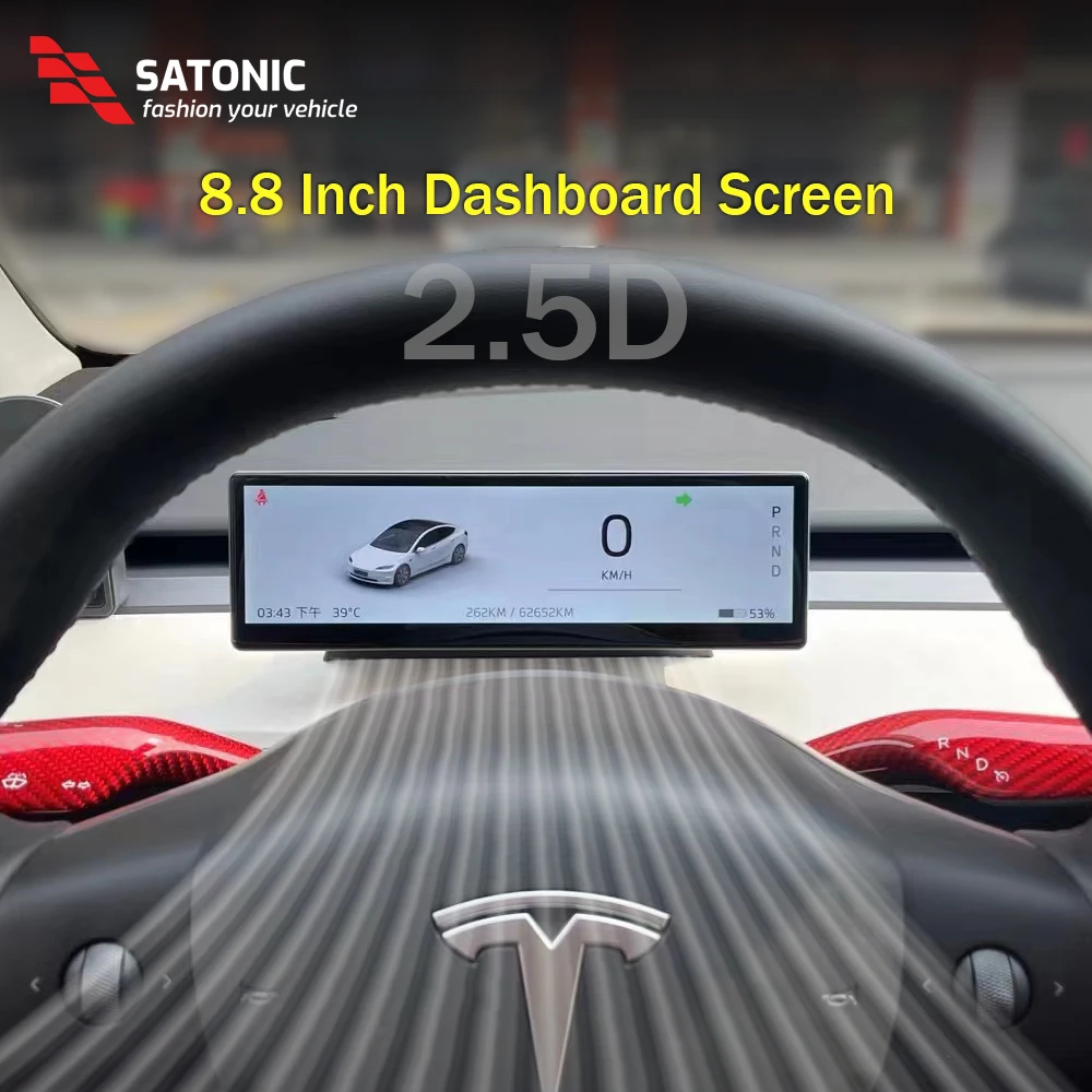 SATONIC 8.8 Inch Smart Dahsboard Wireless Carplay Screen For Tesla Model 3 & Y Support Carplay Andriod Auto Free Air Vent Camera