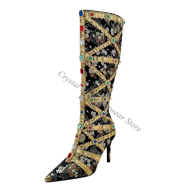 Luxury Multi-Color Gemstone Gold Strap Cross Knee Boots Women Floral Satin Diamond Crystal Studs High Heels Runway Botas Female