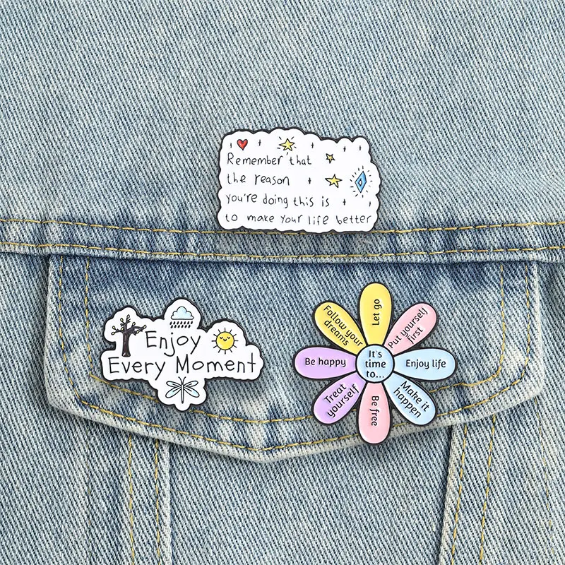 Stay Positive Affirmation Enamel Pins Cartoon Floral Cloud Motivational Quotes Brooches Lapel Badges Enjoy Life Jewelry Gift