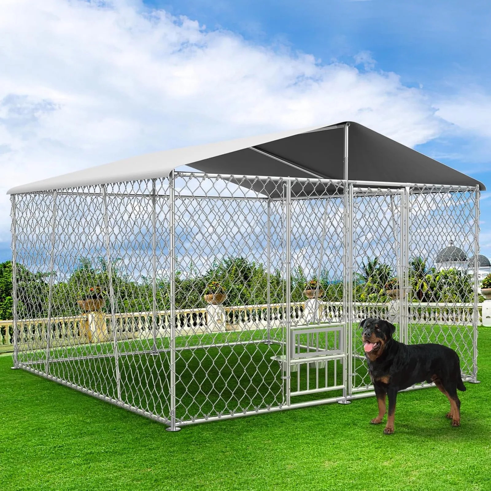 

US 7.5×7.5FT Outdoor Dog Kennel with Cover and Bowls, Large Dog Run House Pen Enclosure with Side Rod, Heavy Duty Chain Link