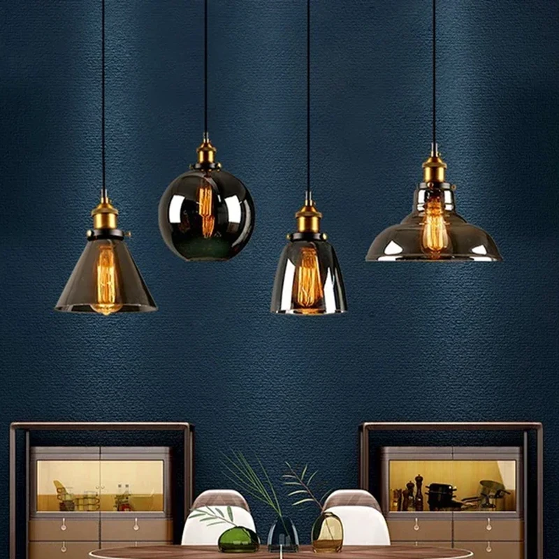 DAMIASMIL Vintage Glass Pendant Lamp for Amber Color Hanging Light Luxury Gray Chandelier Lustre Loft Dining Decor E27 Lighting