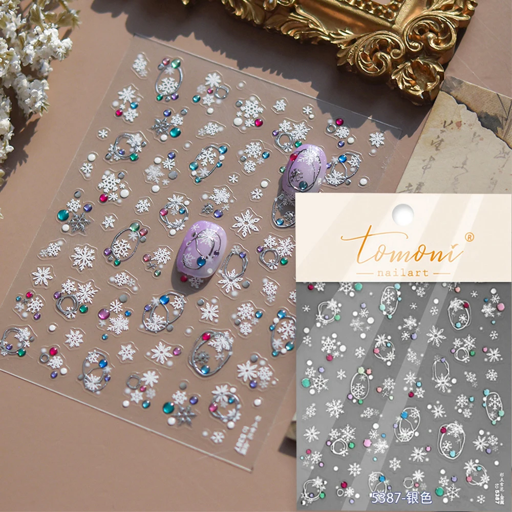 1pcs 5D Chic Dot Snowflakes Nail Art Sticker Bronzing Silver Gold Sparkle Circle Snowflakes Decals for Christmas Nail Decoration