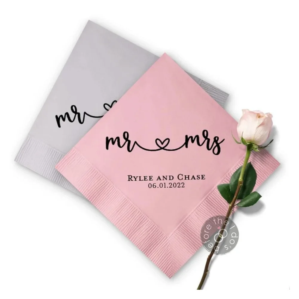 

50Pcs mr and mrs Personalized Wedding Cocktail Napkins - Anniversary Engagement Printed Custom Monogram Receptions Lunches Dinne