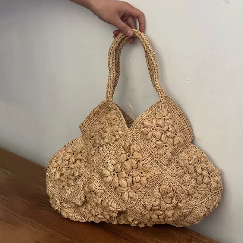 

Summer Beach Hand-woven Tote Bag Bohemian 3d Floral Grass Handbag Travel Vacation Large Capacity Shoulder Bag For Women