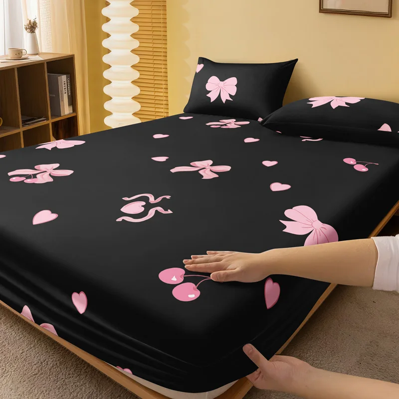 3pcs Black & Pink Sweet Cool Bow & Cherry Fitted Sheet Set (1 Fitted Sheet + 2 Pillowcases, No Pillow Inserts)