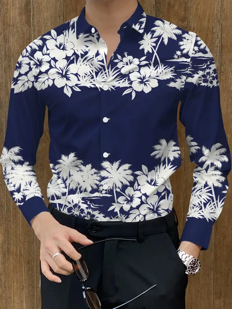 New Men's Dark, Light Luxury Shirt Long Sleeve 3D Striped Printed Floral Gentleman Clothing Single Row Business Casual Brand New