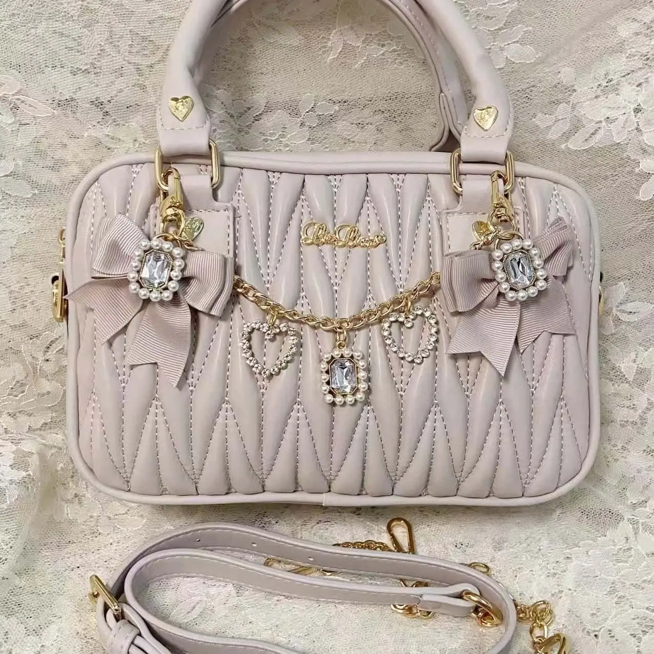 Japanese Lolita Heart Pearl Rhinestone Handbag Women Bow Pendant Large Capacity Boston Bag Ladies Harajuku Elegant Crossbody Bag