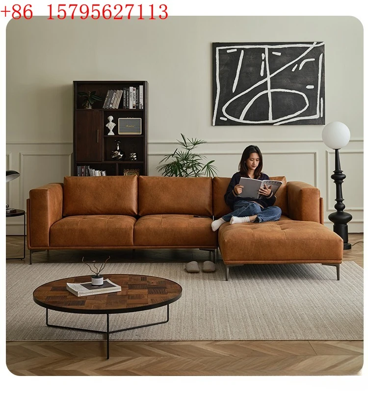 

Скандинавский ретро-диван из кожи для гостиной, угловой диван из кожи с технологией защиты от трех видов загрязнений, с откидным сиденьем.