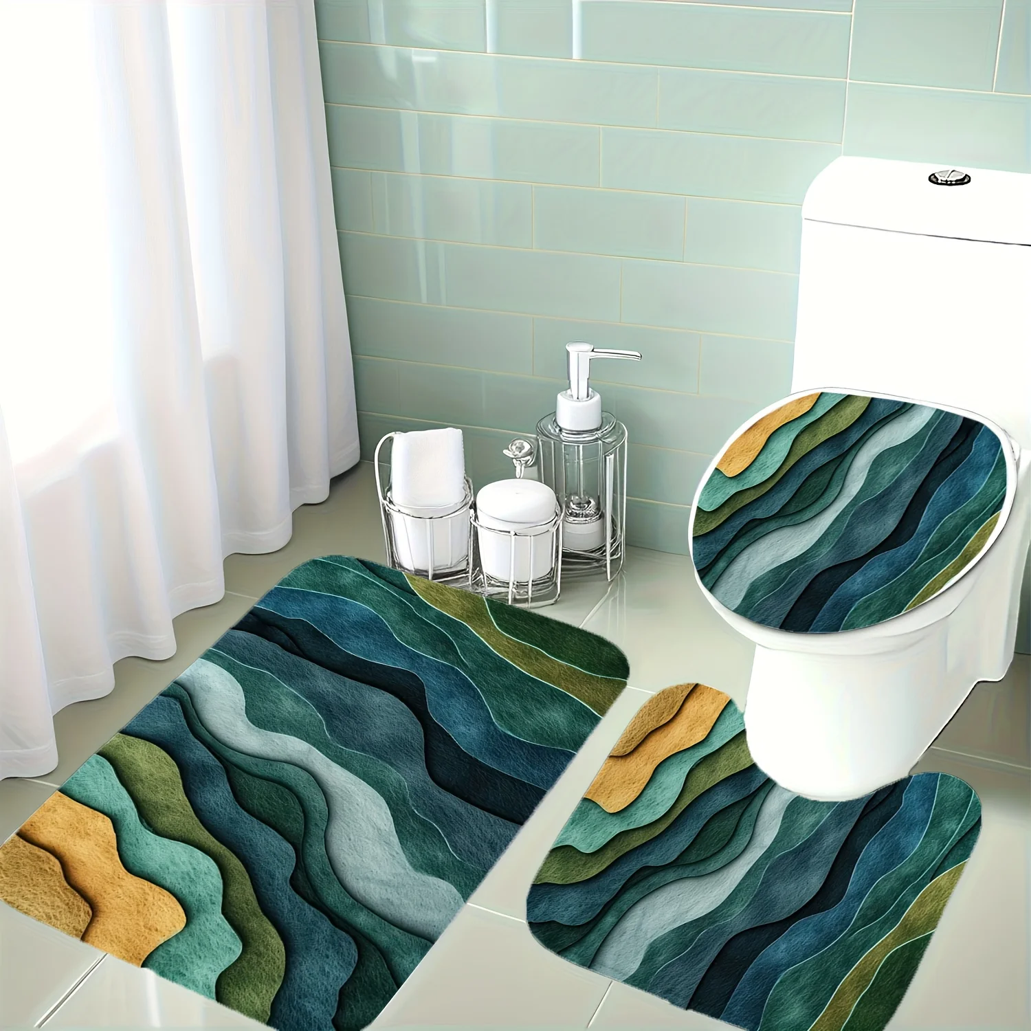 

3pcs Set Bathroom Rugs with Deep Blue, Green, and Warm Yellow Wave Pattern | Polyester, Non-Slip, Soft, Christmas Decorative Set
