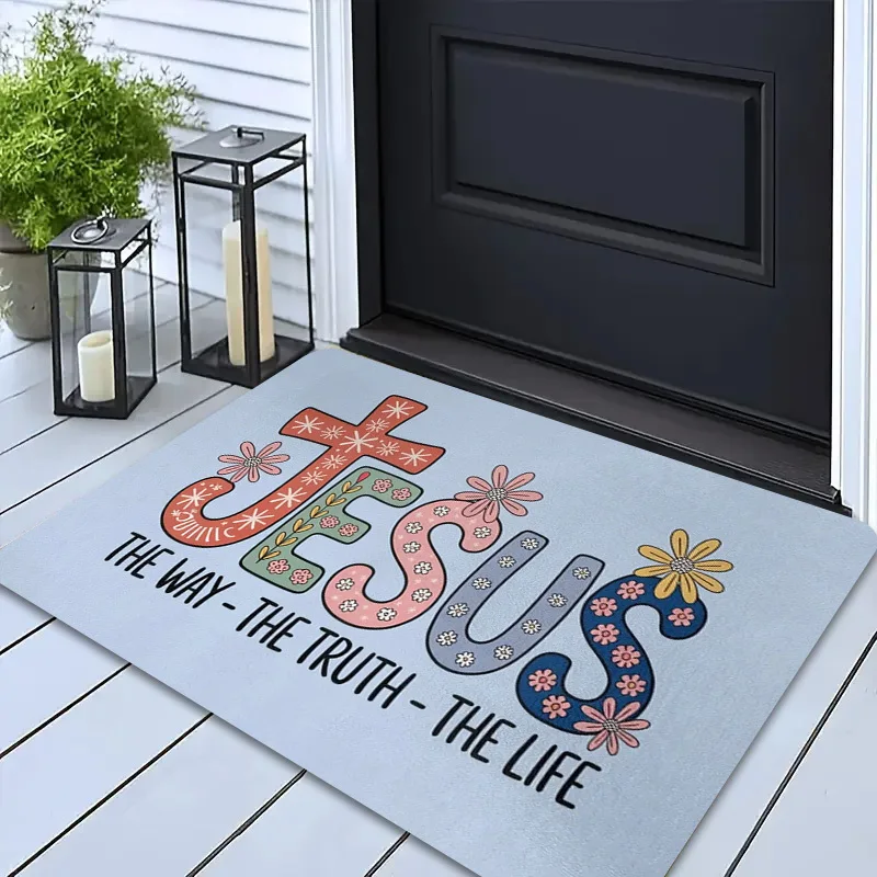 Jesus Doormat – Light Blue, “JESUS” with Floral & Snowflake Decor, “THE WAY - THE TRUTH Flannel, Non-Slip, Indoor Use Only