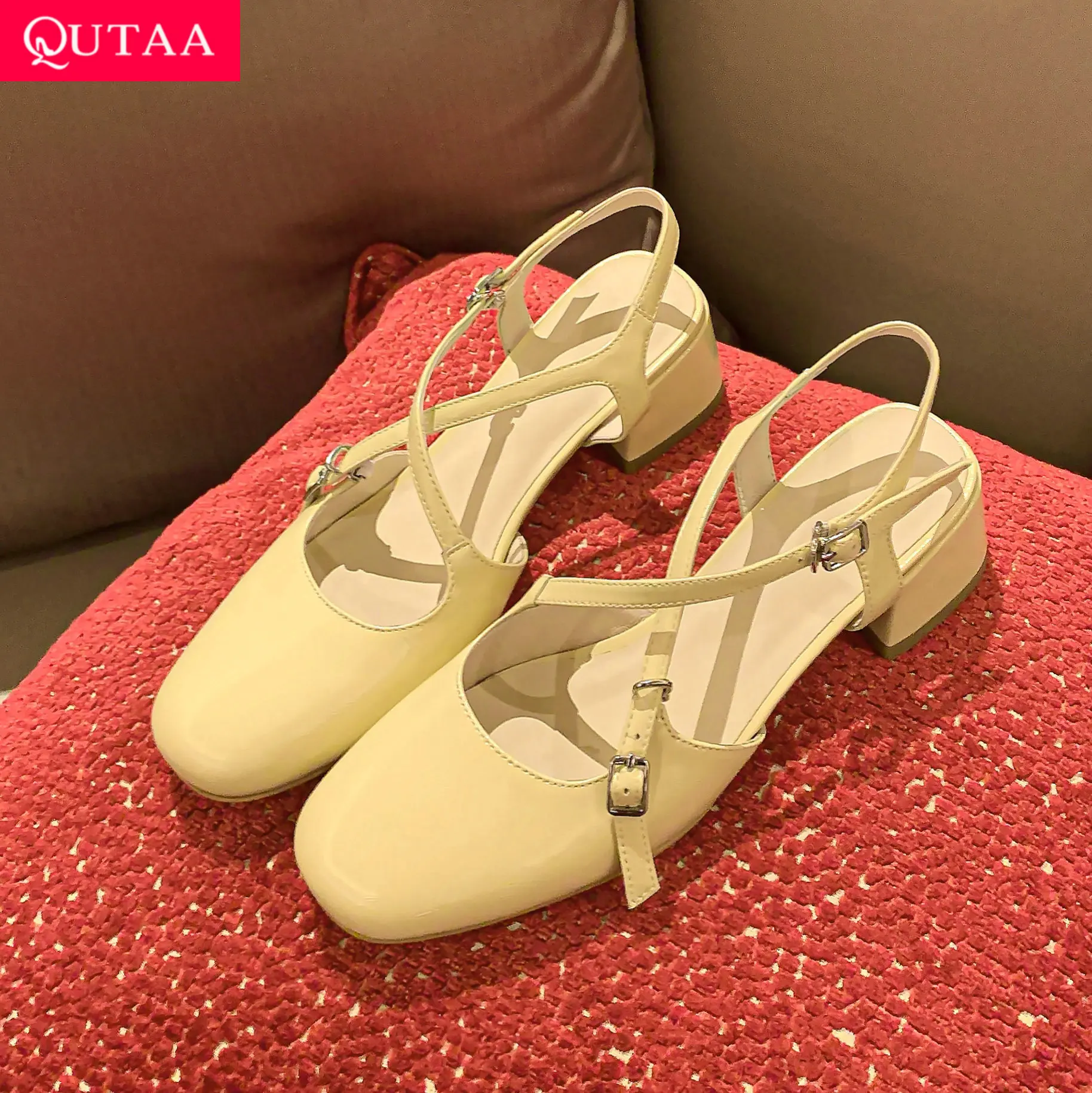 QUTAA 2026 Fashion Spring Women Pumps Shoes Sexy Mid Heels Crisscross Straps Slingback Autumn Square Toe Shoes Party Dress 34-39