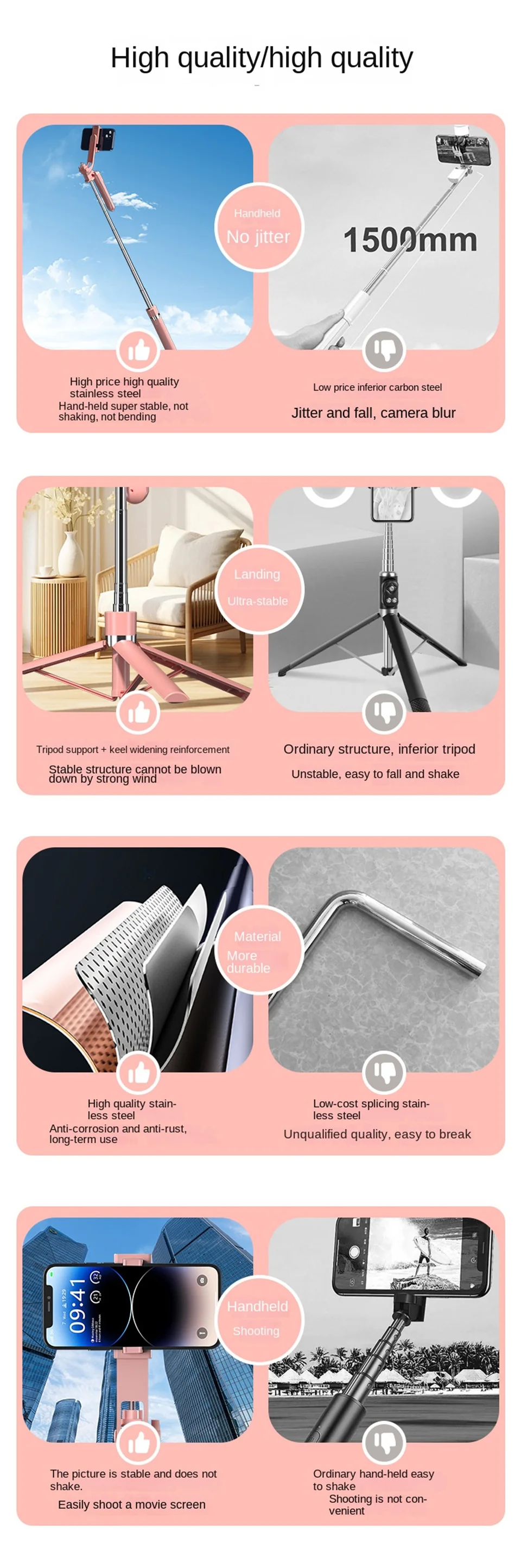Roreta 360° Rotation 1.7M Selfie Stick Wireless Stand with Light Bluetooth Remote Extendable Tripod for iPhone Live Streaming