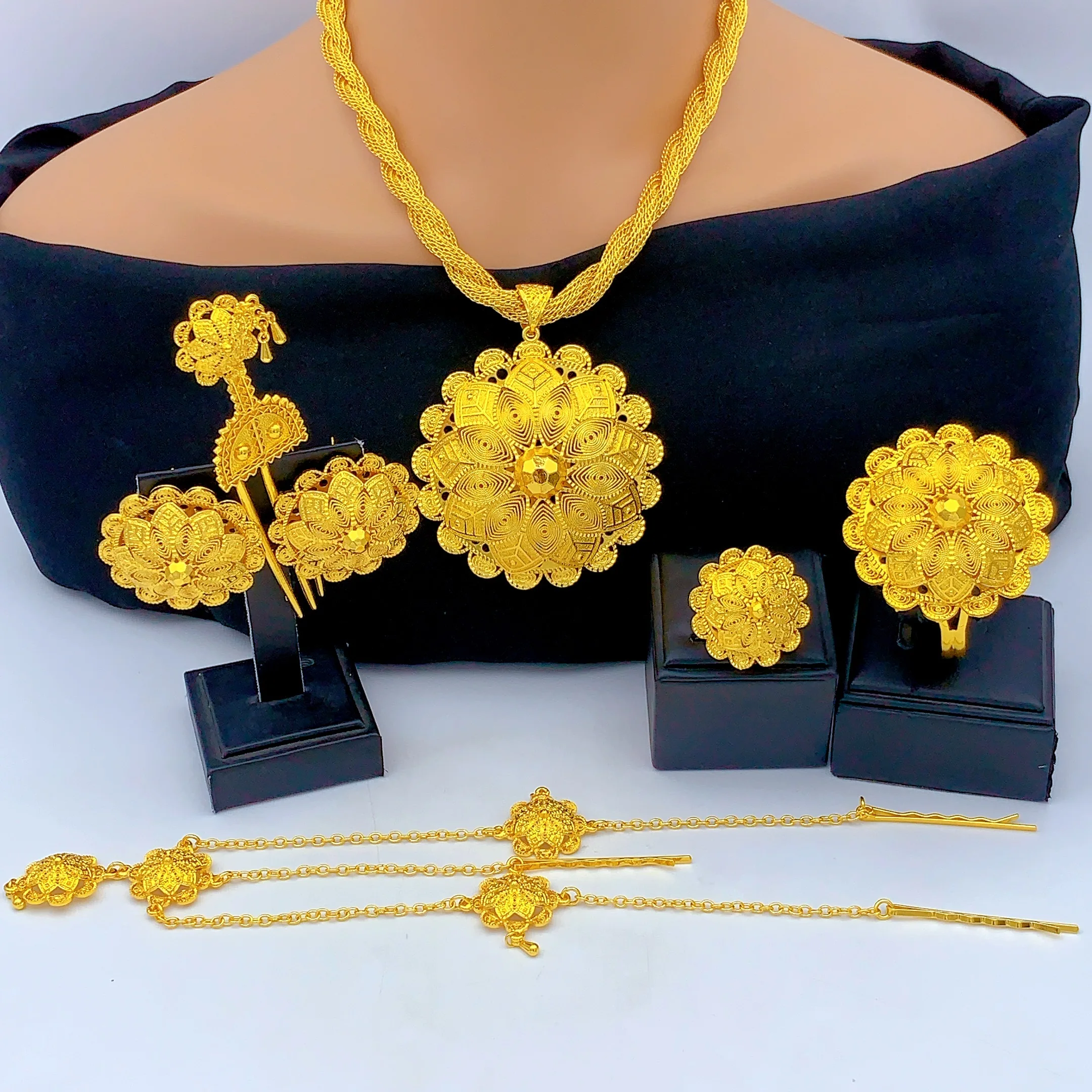 Äthiopisches 24k vergoldetes 6-teiliges Schmuckset für Damen, Dubai, afrikanisch-indische große Anhänger-Halskette, Hochzeits- und Verlobungsgeschenke – Detail 1