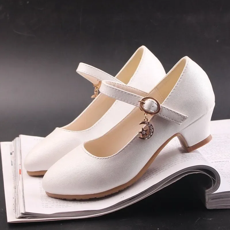 2024 New Four Seasons Girls High Heels Princess Performance Shoe for Students White Children Wedding Party Dnace Shoes Black Red