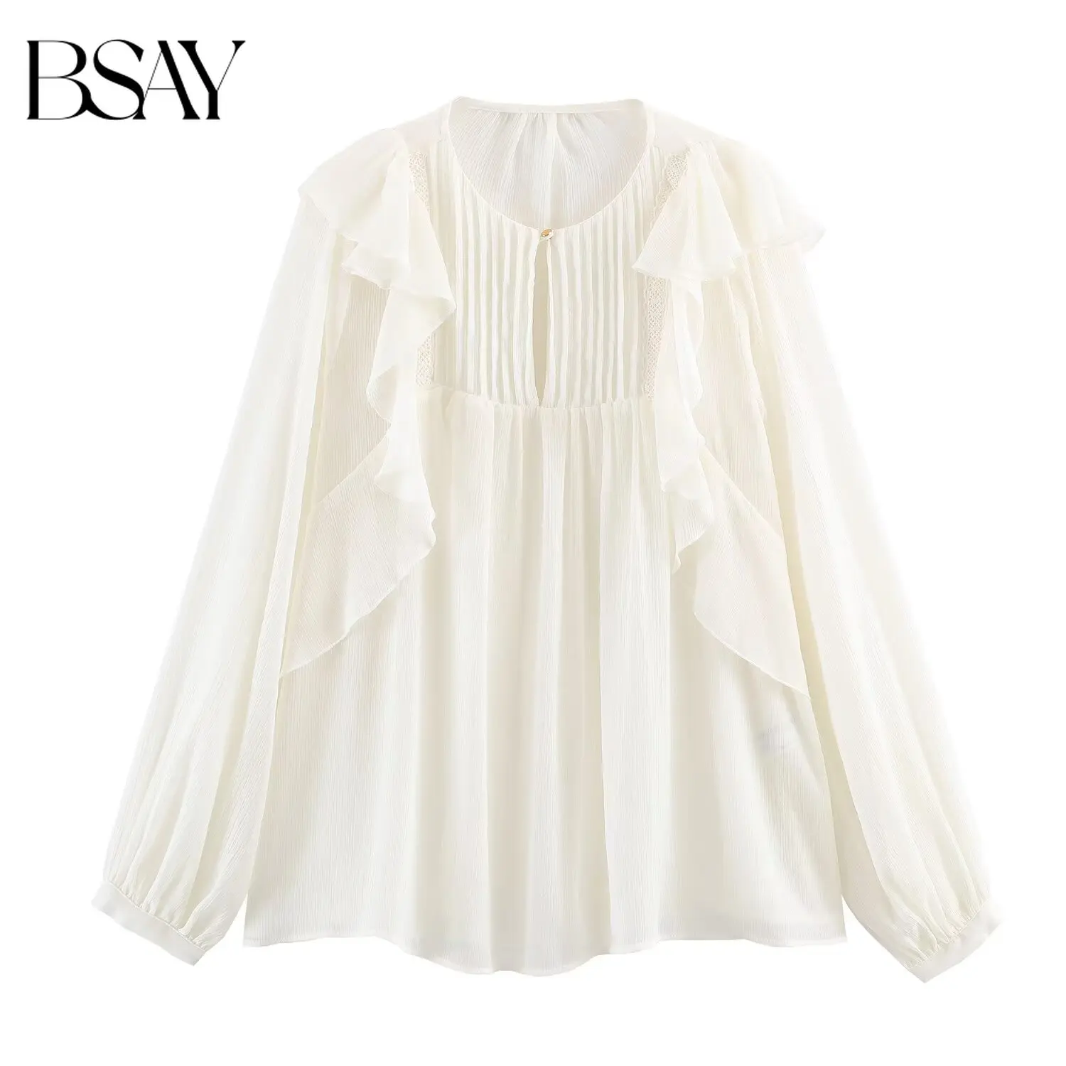 

BSAY Women's 2026 Spring Fashion Round Neck Ruffled Layered Decorative Shirt Female Chic Loose Casual Long Sleeve Blouses